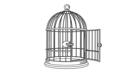 Birdcage Opens, Suggesting Freedom, in a Simple Drawing with White Background, symbolizing confinement, escape, and minimalistic design.