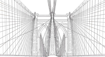 Bridge Blueprint: Suspensions Converge in Technical Drawing, Illustrating Engineering Design with Wireframe Detail and Architectural Precision.