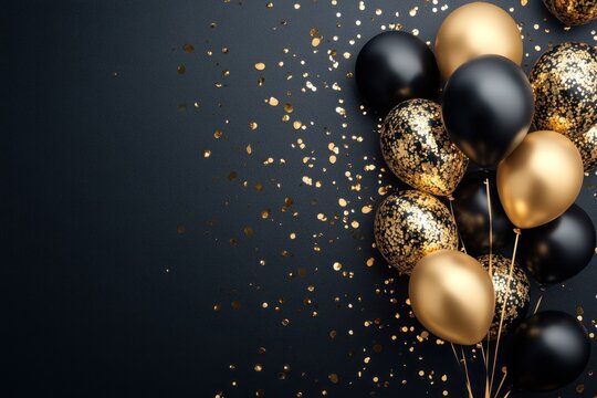 Promotional background with confetti shower, gold balloons, and black theme