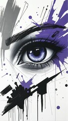 A digital abstract painting of a human eye in black, white, and gray, with bold purple splashes, expressive brushstrokes, geometric shapes, and graffiti-style textures on a minimalist background.