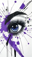 A digital abstract painting of a human eye in black, white, and gray, with bold purple splashes, expressive brushstrokes, geometric shapes, and graffiti-style textures on a minimalist background.