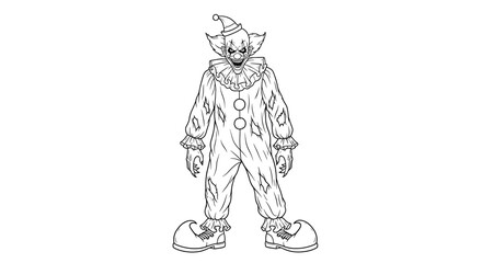 Obraz premium Creepy Clown stands menacingly, isolated on white, line art illustration for Halloween design with negative space.
