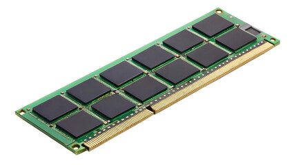 A closeup view of a green computer ram module, isolated on transparent background, showing its intricate circuitry and individual chips