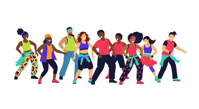 Diverse Group Performs Zumba Dance Class together with energy and enthusiasm, isolated on white background, teamwork concept, full shot, flat lay illustration.