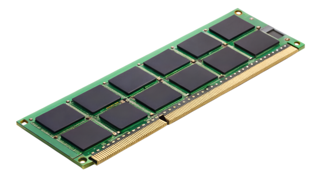 A closeup view of a green computer ram module, isolated on transparent background, showing its intricate circuitry and individual chips