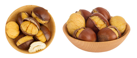 roasted peeled chestnut in wooden bowl isolated on white background. Top view. Flat lay