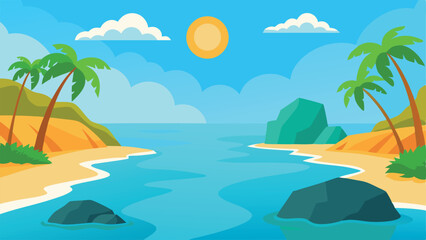 Obraz premium vector illustration of a lagoon with rocky shores landscape.