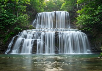 Obraz premium Cascading waterfall flowing over rocky ledges, surrounded by lush green trees in a tranquil forest setting.