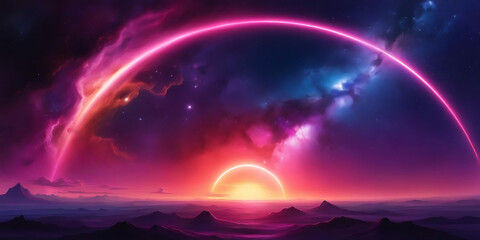 A mesmerizing landscape with a bright sun and a neon pink arch in a colorful cloudy sky above mountains