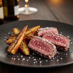 Seared steak slices, seasoned with sea salt, served with roasted parsnips on a dark plate.