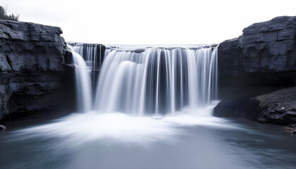Obraz premium Dramatic waterfall flowing between rocky cliffs in soft long exposure, misty and tranquil nature scene perfect for travel, landscape photography, and outdoor inspiration
