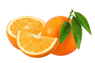 Orange fruit with leaves isolated on white background with full depth of field