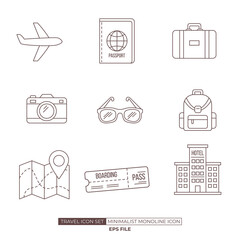 Minimalist line icons depicting essential travel items and locations. Minimalist travel icons isolated on white background
