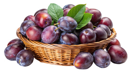 Obraz premium Freshly Picked Plums Overflowing in a Rustic Woven Basket Displayed on White