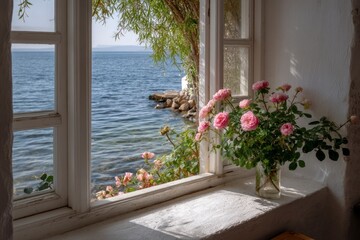 Fototapeta premium A window view to the sea with pink roses in a vase on the windowsill