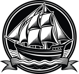 Vintage Sailing Ship Emblem Nautical Vessel Illustration