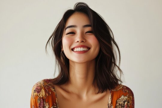 Positive energy photo of Asian woman with friendly smile and strong posture, ad campaign style