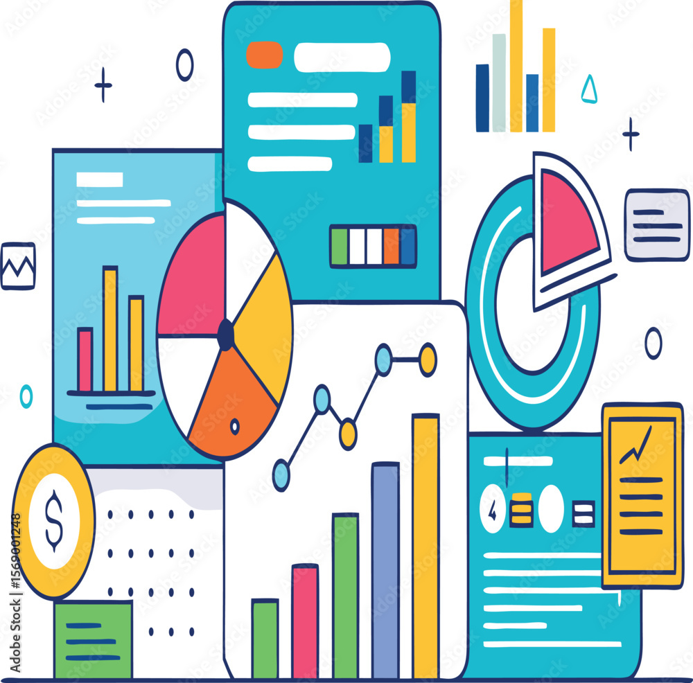 Aufkleber illustration showing various types of charts and graphs with business and finance elements present