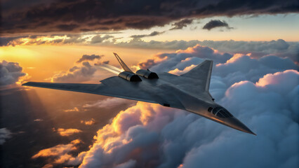Soaring Innovation: A futuristic aircraft cuts through a dramatic sky filled with clouds and the warm embrace of the setting sun, embodying progress and modern aviation