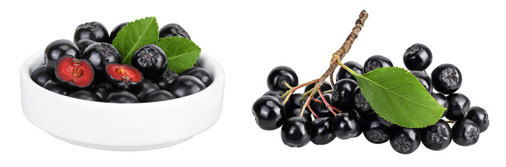Chokeberry in ceramic bowl isolated on white background. Black aronia.