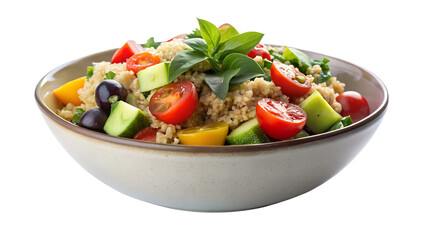 A vibrant and healthy couscous salad with tomatoes, cucumbers, olives and basil is isolated on transparent background