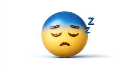 A 3D rendered emoticon, predominantly yellow and blue, depicts a sleepy face with downturned eyes and mouth; two 'Z's float nearby