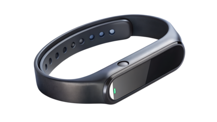 A black fitness tracker with a textured band, isolated on transparent background