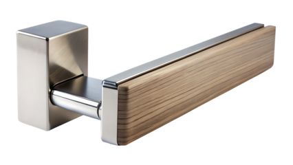 A modern door handle with a wooden insert and a brushed metal frame, isolated on transparent background