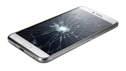 A cracked smartphone screen with spiderweb fractures is isolated on transparent background
