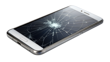 A cracked smartphone screen with spiderweb fractures is isolated on transparent background