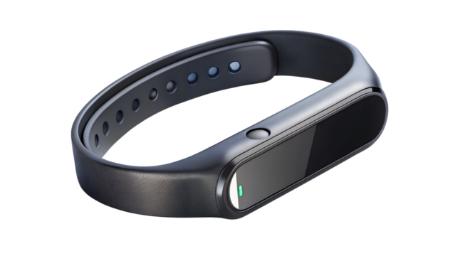 A black fitness tracker with a textured band, isolated on transparent background