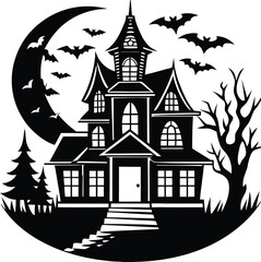 Spooky Halloween Haunted House Silhouette Creepy Mansion Illustration
