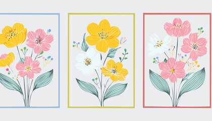 Abstract minimalist posters with line art spring flowers. Set of trendy wall art, modern floral prints. Vector Illustration.leaf, colourful, cover, graphic, invitation, minimal, minimalist, painting, 