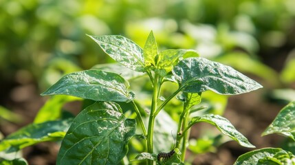 Close-up of vibrant green pepper seedlings in a garden bed