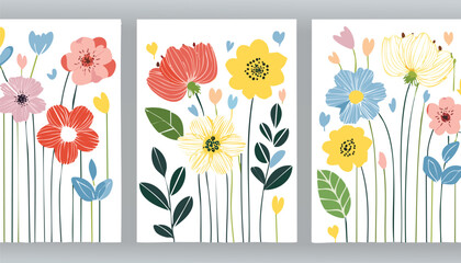 Obraz premium Abstract minimalist posters with line art spring flowers. Set of trendy wall art, modern floral prints. Vector Illustration.leaf, colourful, cover, graphic, invitation, minimal, minimalist, painting, 