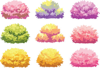 Colorful cartoon flower bushes set, blooming decorative shrubs with gradient petals, landscape garden foliage clipart, vibrant floral vector for nature design elements