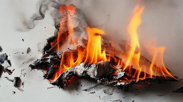 Burning paper on a white surface