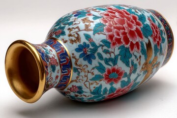 Floral vase Bulbous shape intricate redblue flowers gold accents studio lit