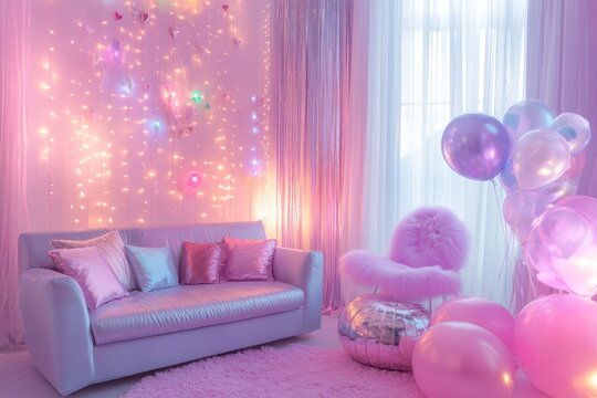Pastel-toned room with glossy decorations, ideal for party, holiday or romantic event