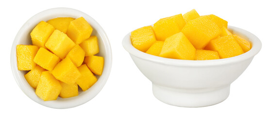 mango diced in ceramic bowl isolated on white background. Top view. Flat lay