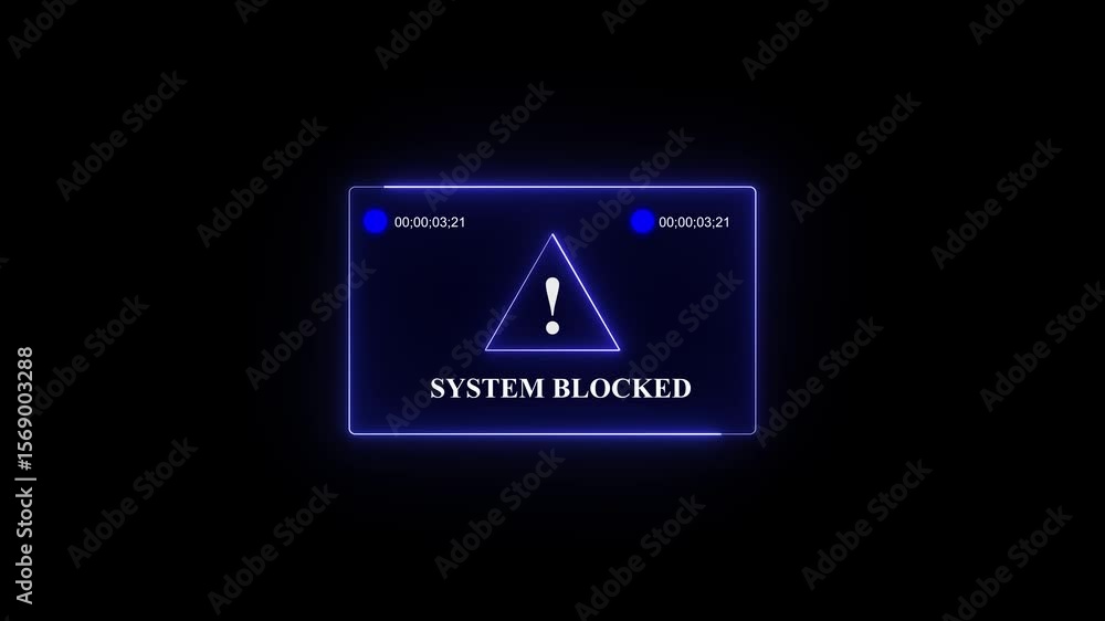 Poster neon warning system blocked screen with exclamation point on black background. cyber security hack w