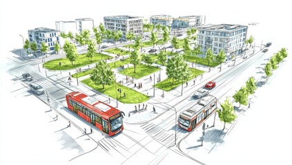 Urban development, city planning, public transport, park, architectural sketch