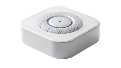 A small, white smart home speaker with a round top is isolated on transparent background