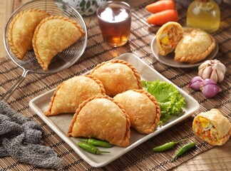 Pastel Goreng in Indonesia, pastel refers to a type of kue filled with meat, vegetables, and rice vermicelli deep fried in vegetable oil. It is consumed as a snack and commonly sold in Indonesian trad