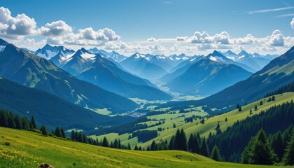 Obraz premium Panorama of alpine mountains with green meadows and cloudy sky in the Alps