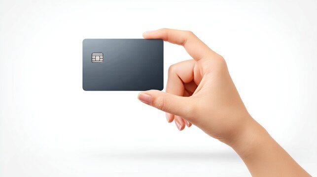 A realistic hand holding a plain, dark gray rectangular payment device against a white background