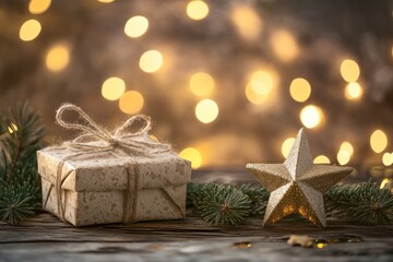 New Year scene with decorated gift, star garland, and holiday light bokeh, clean style