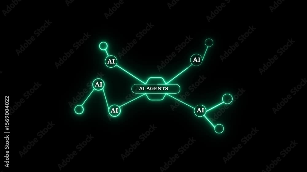 Poster futuristic connection of ai agents network on black background. neon glowing ai network animation. f