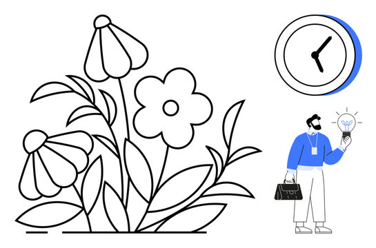 Person holding lightbulb representing an idea, blooming flowers symbolizing creativity and growth, and clock for time focus. Ideal for productivity, innovation, work-life balance, sustainability