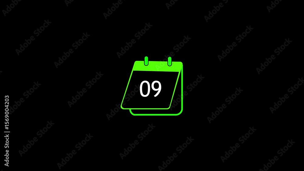 Aufkleber animated green calendar displaying number nine on a black background. calendar icon animation showin